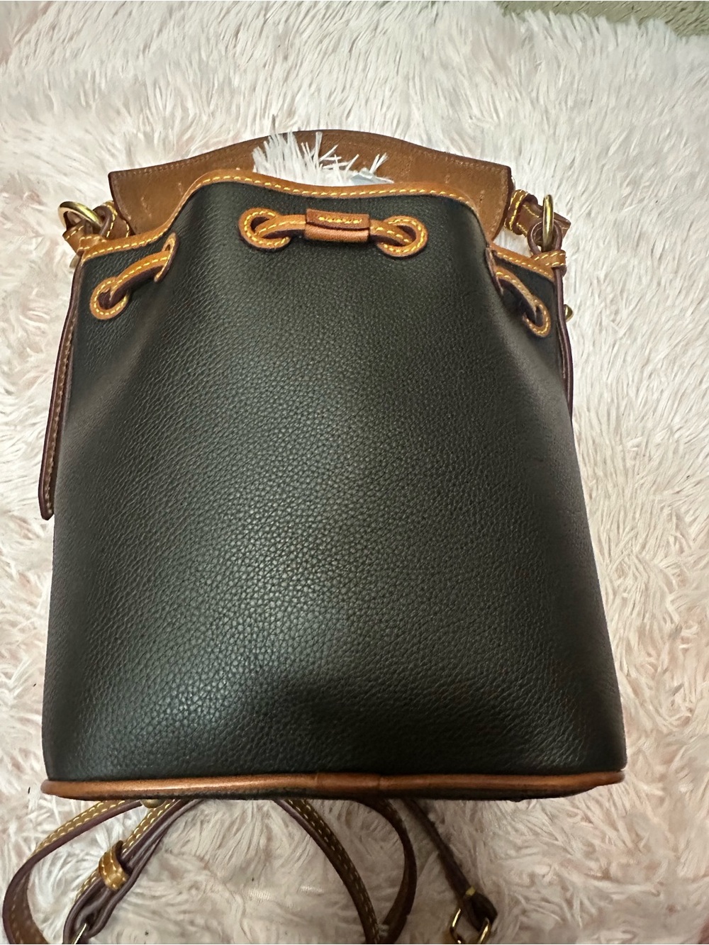 Dooney & Bourke Black Pebbled Leather Bucket Crossbody with Brown Trim - Picture 3 of 16